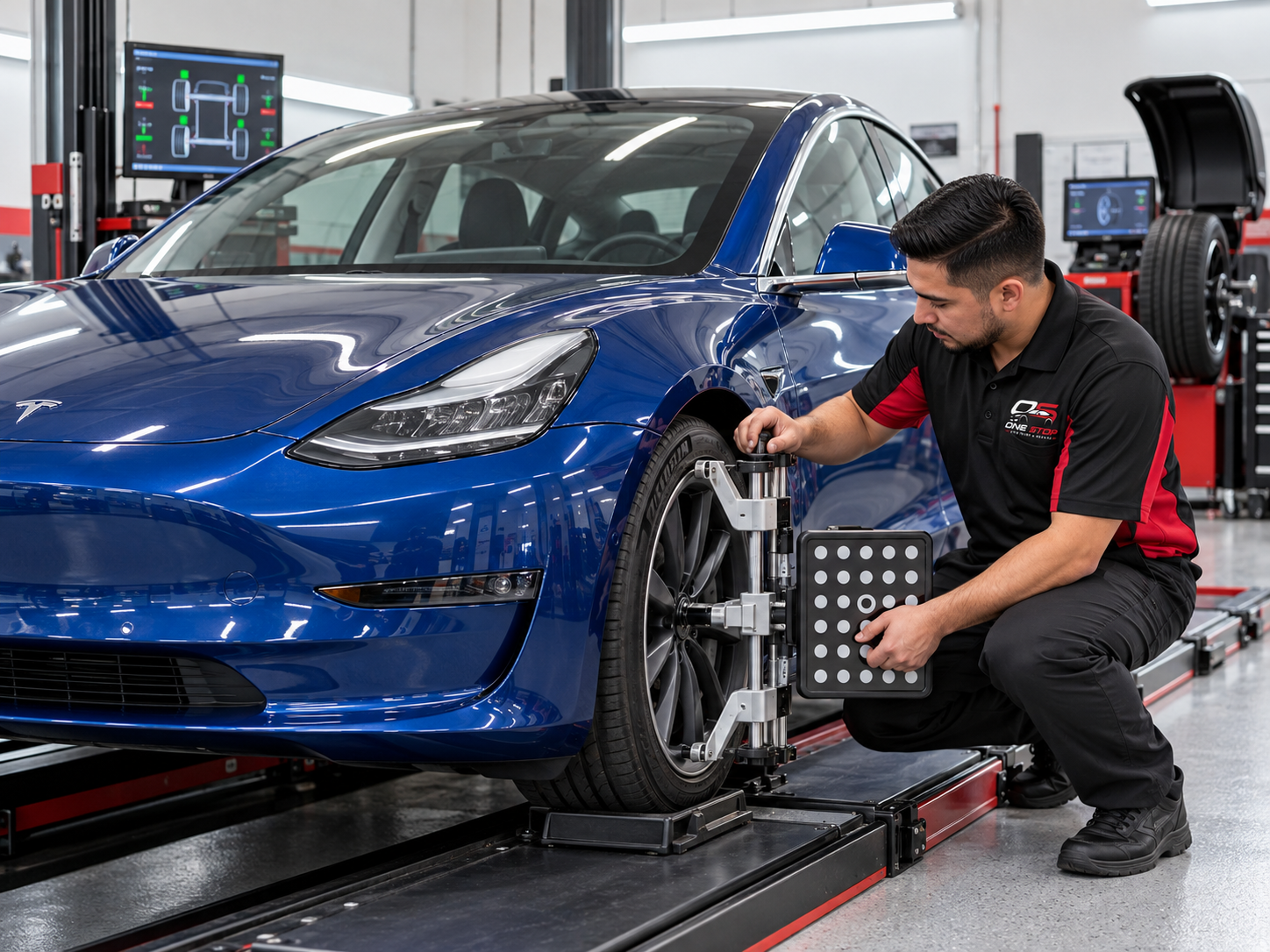 Person inspecting a blue Tesla car.