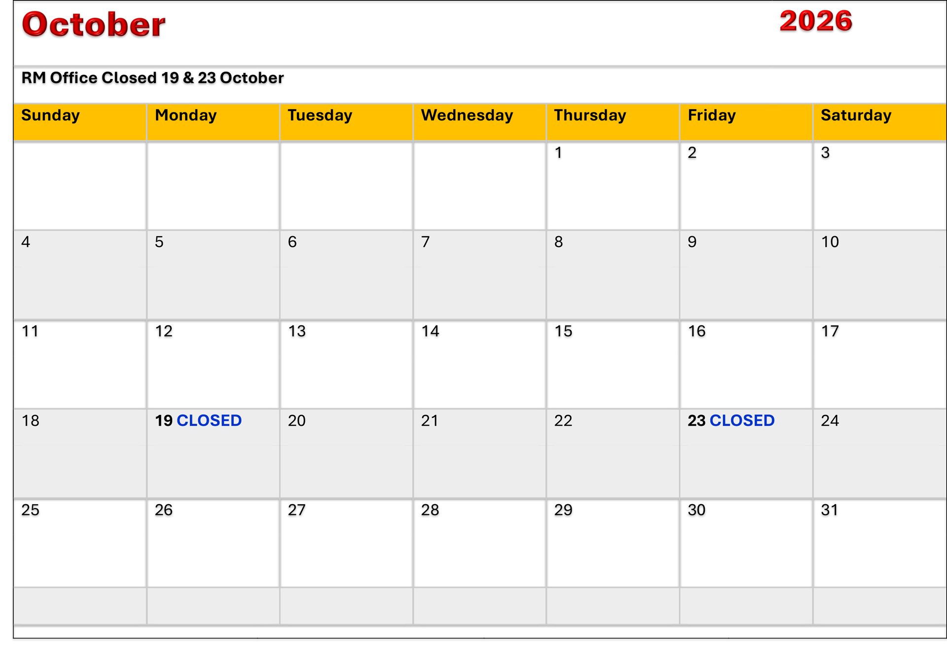 September 2026 calendar with marked events on several dates