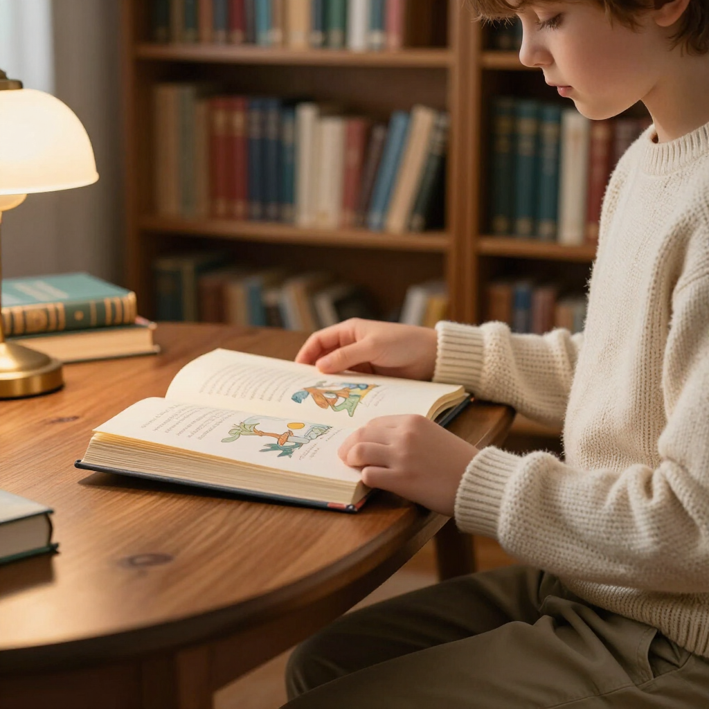 Person reading an open illustrated book at a wooden table in a cozy library with a lamp and bookshelves