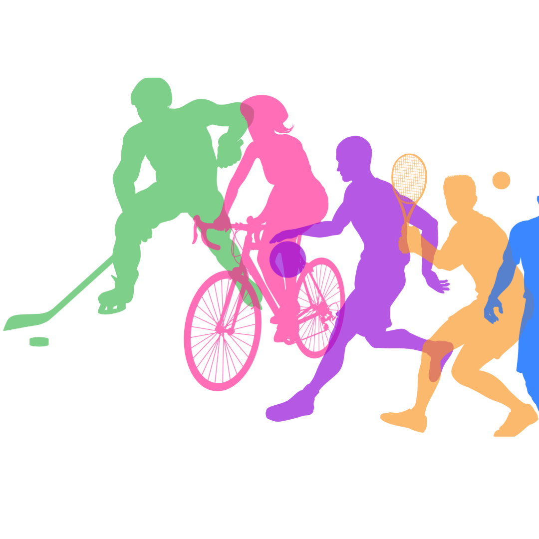 Colorful silhouettes of athletes in motion: golfer, cyclist, runner, tennis player, and soccer player