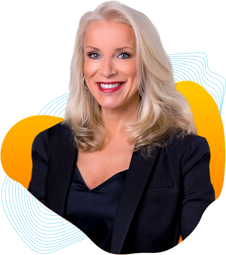 A woman with blonde hair and blue eyes is wearing a black jacket and smiling.