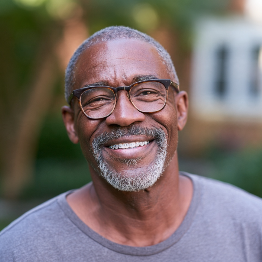 Older adult man smiling outdoors with braces