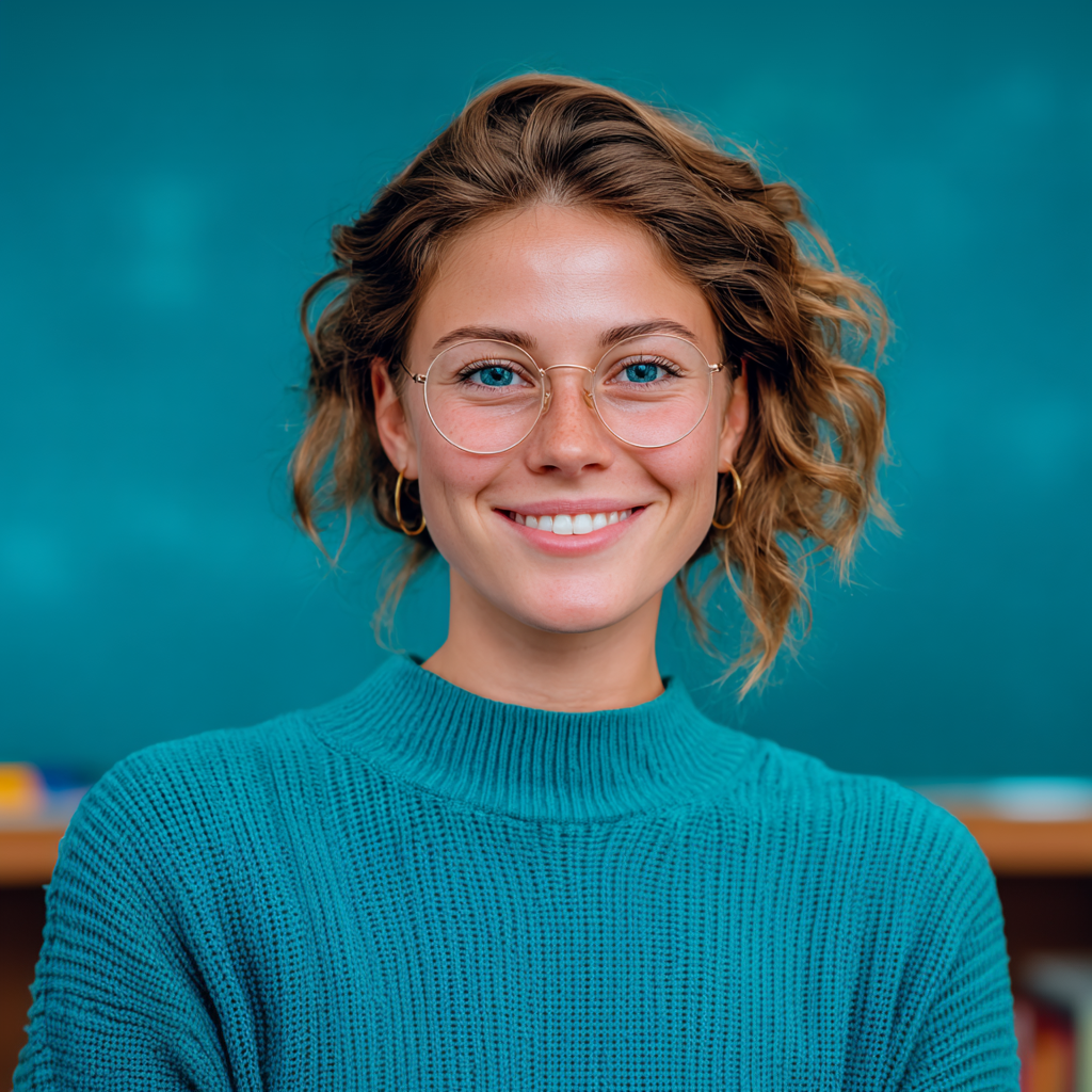Woman with short brown hair and glasses smiling in front of a blue background.