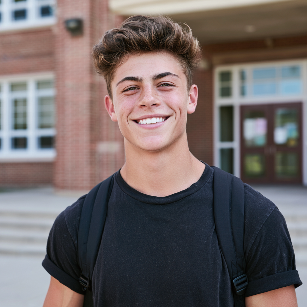 Smiling student wearing a black backpack in front of a school building