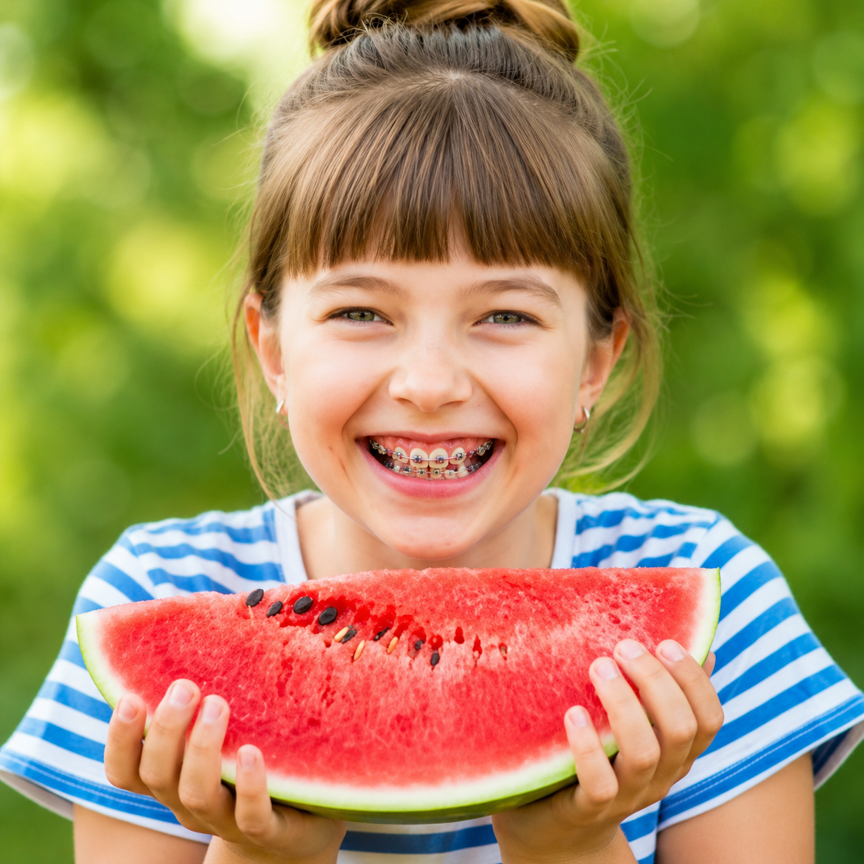Smiling child holding a large slice of watermelon outdoors, with a green blurred background