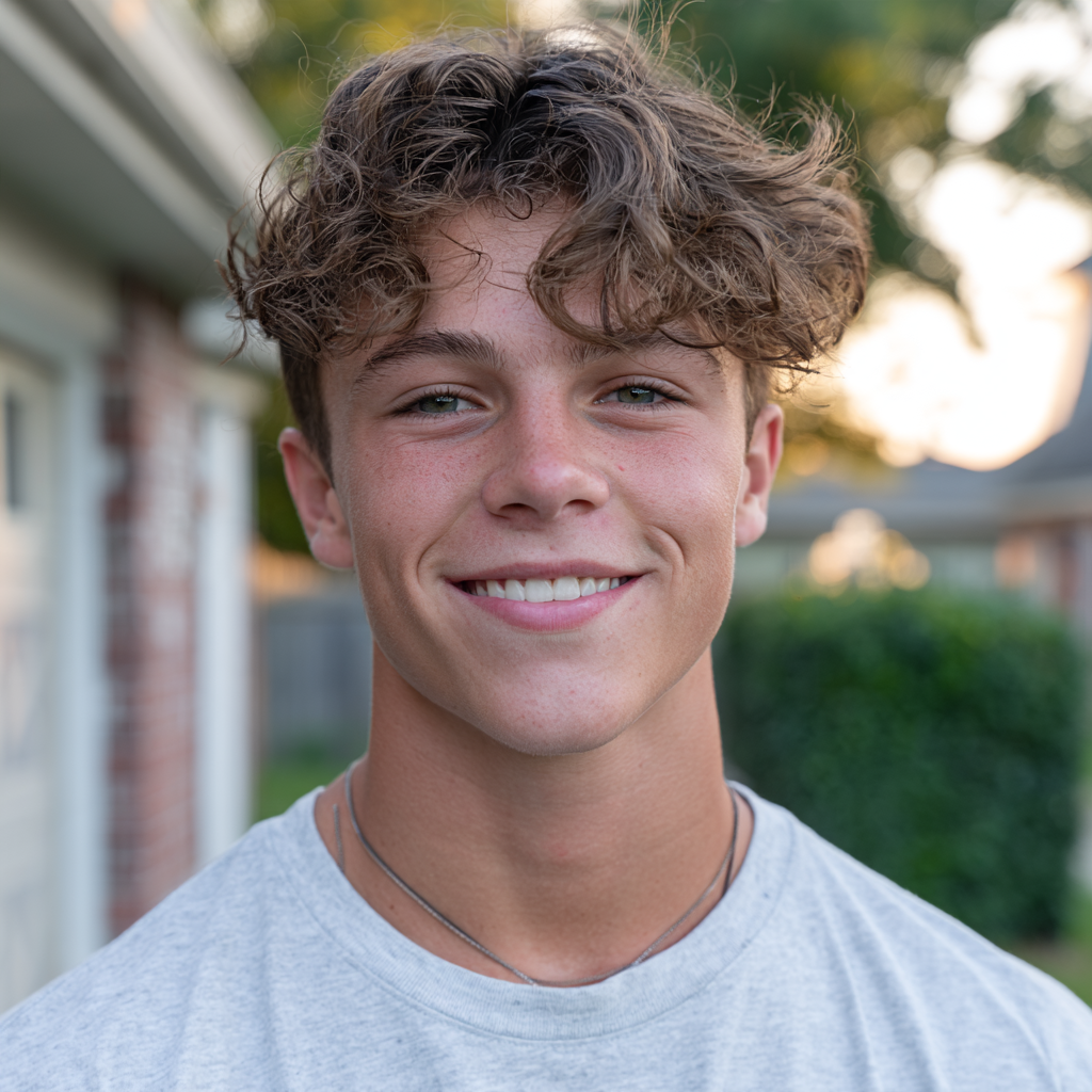 Smiling person outdoors in a light gray shirt with a house and greenery in the background
