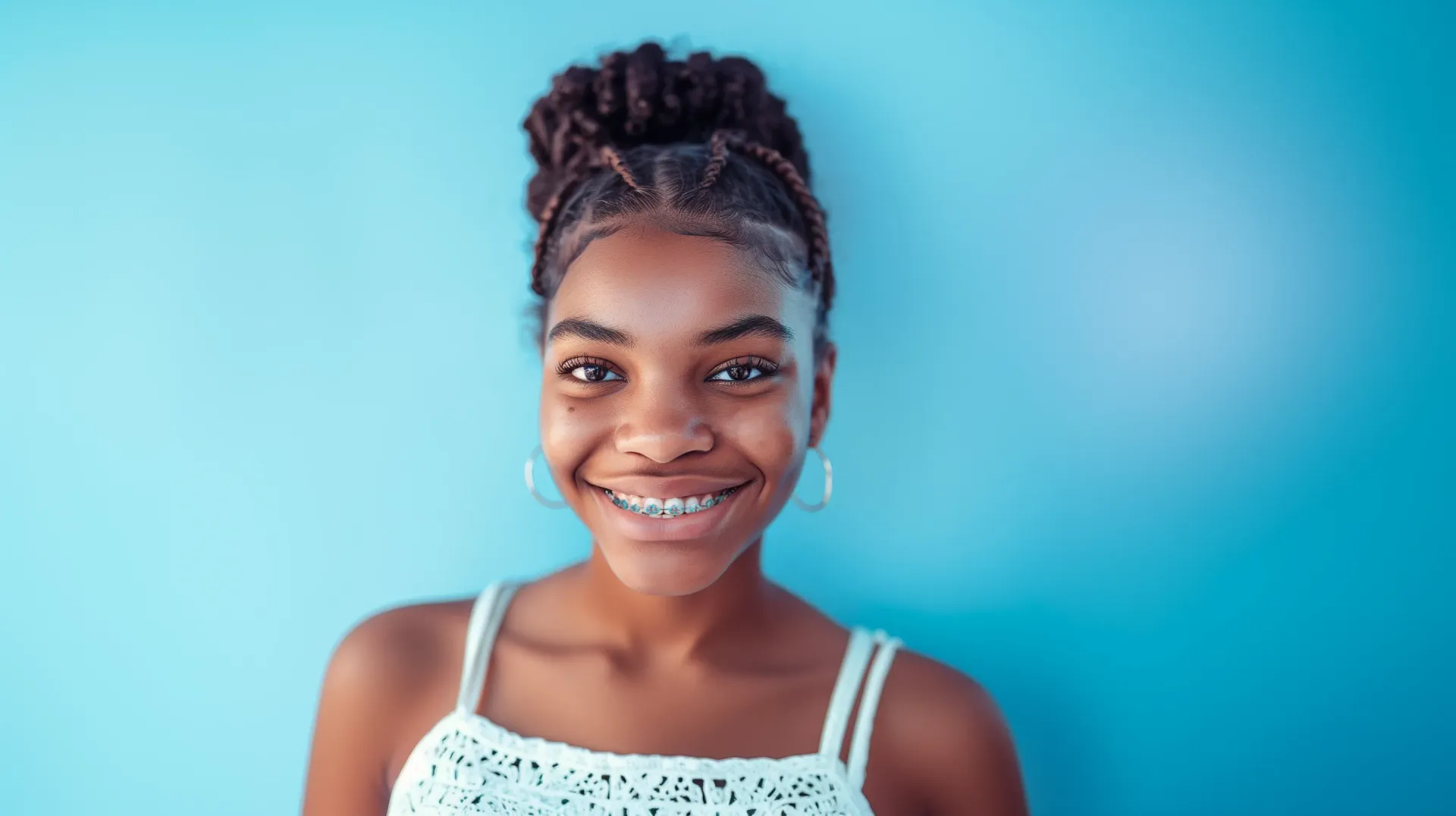 Teen girl smiling with braces and turquoise elastic bands
