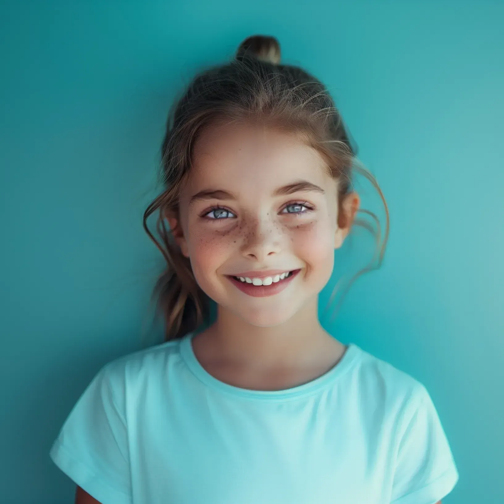 A little girl in a blue shirt is smiling and looking at the camera.