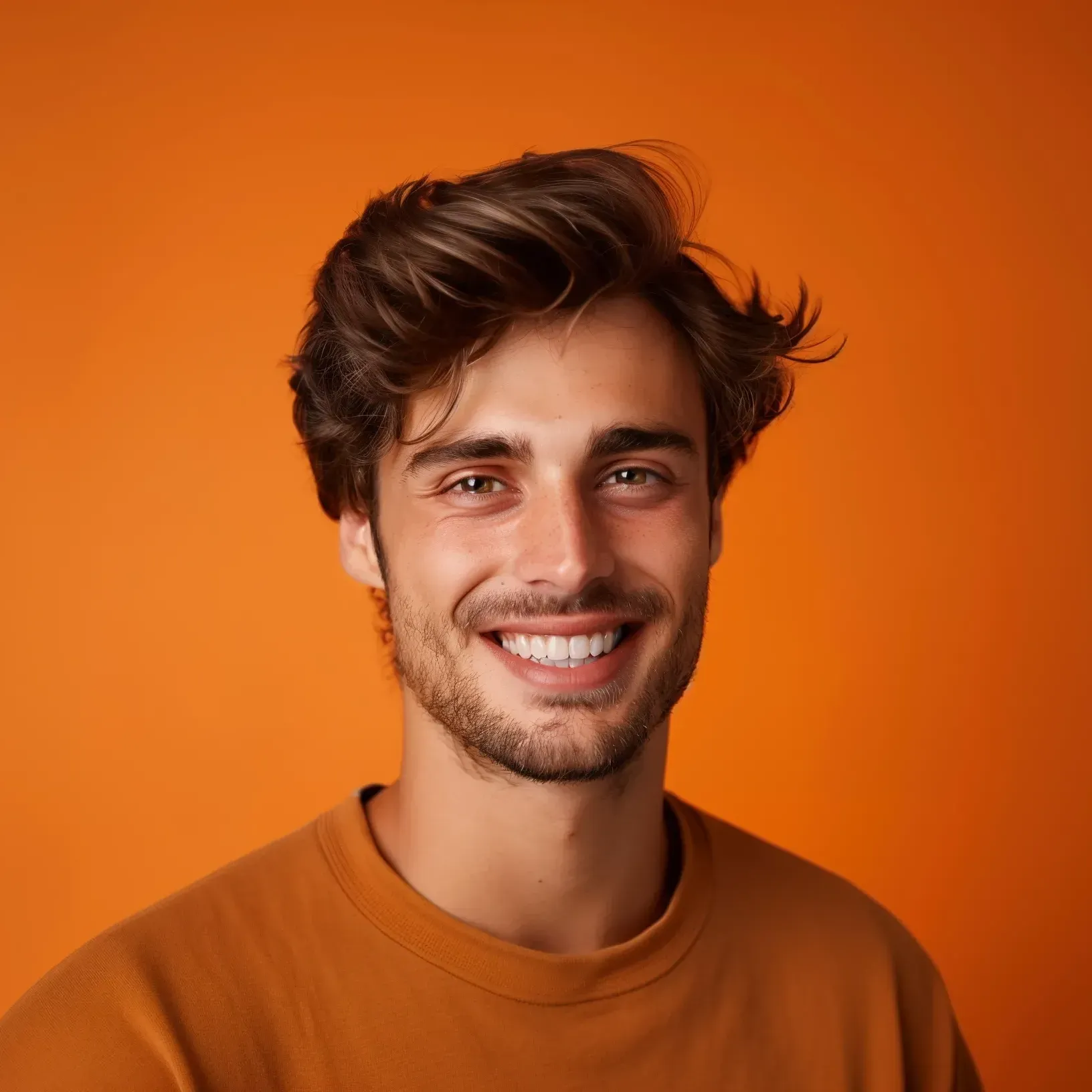 A young man with a beard is smiling in front of an orange background.