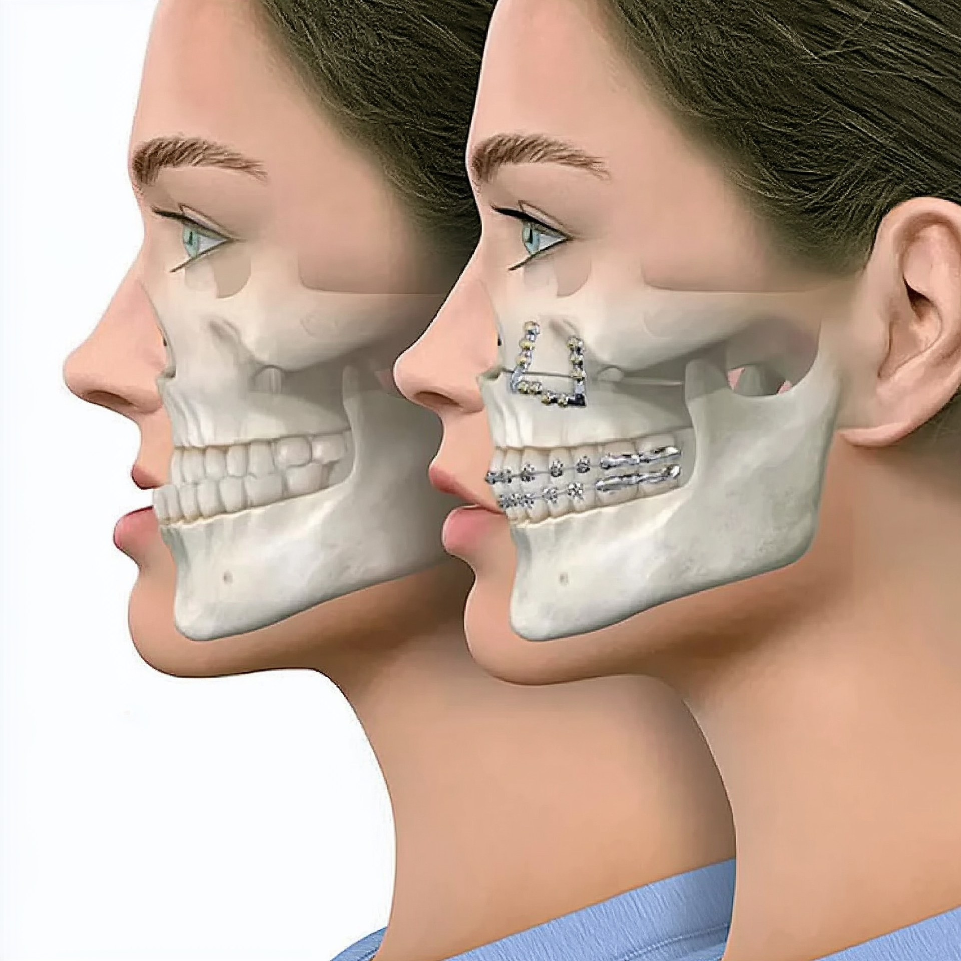 Simulated before-and-after illustration of a woman’s jaw position with skeletal overlays; not an actual patient result