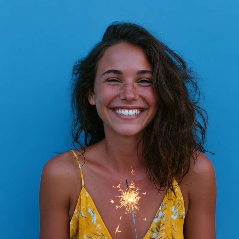 Smiling woman in a yellow dress holding a lit sparkler against a blue background