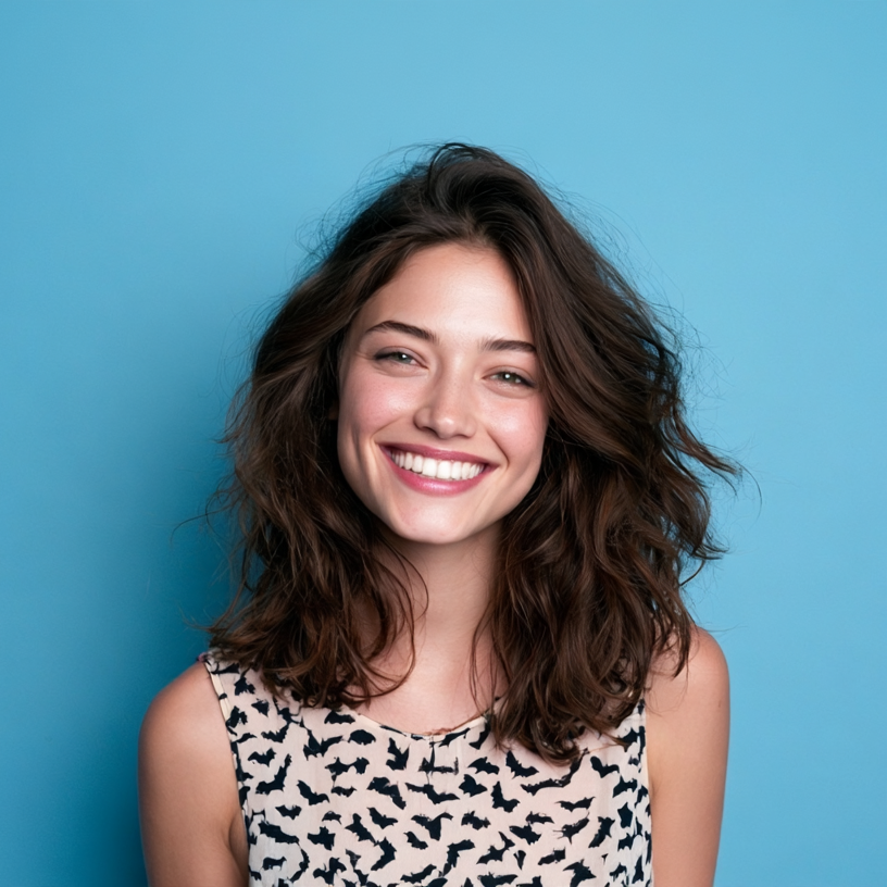 Smiling woman with wavy dark hair in a patterned sleeveless top against a blue background