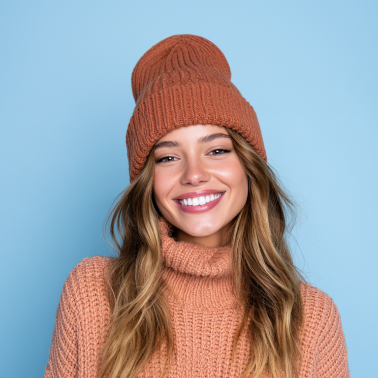 Smiling person in a rust knit beanie and turtleneck sweater against a light blue background
