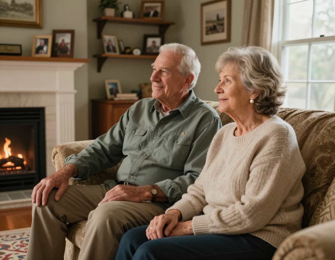 Veteran couple at home, relaxed and confident