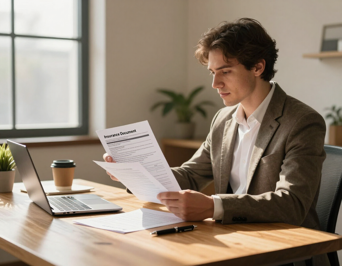 Small business owner reviewing insurance paperwork at desk