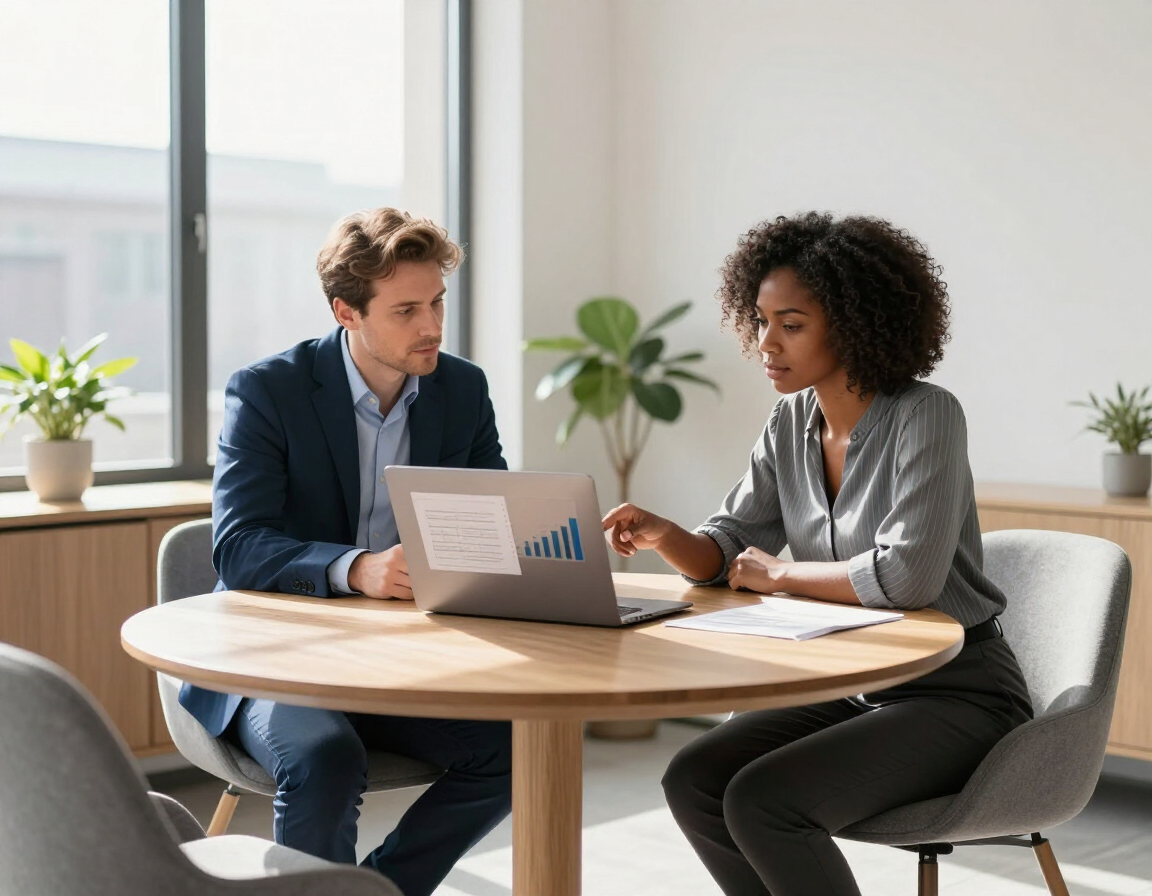 Two business owners reviewing charts on a laptop at a round table