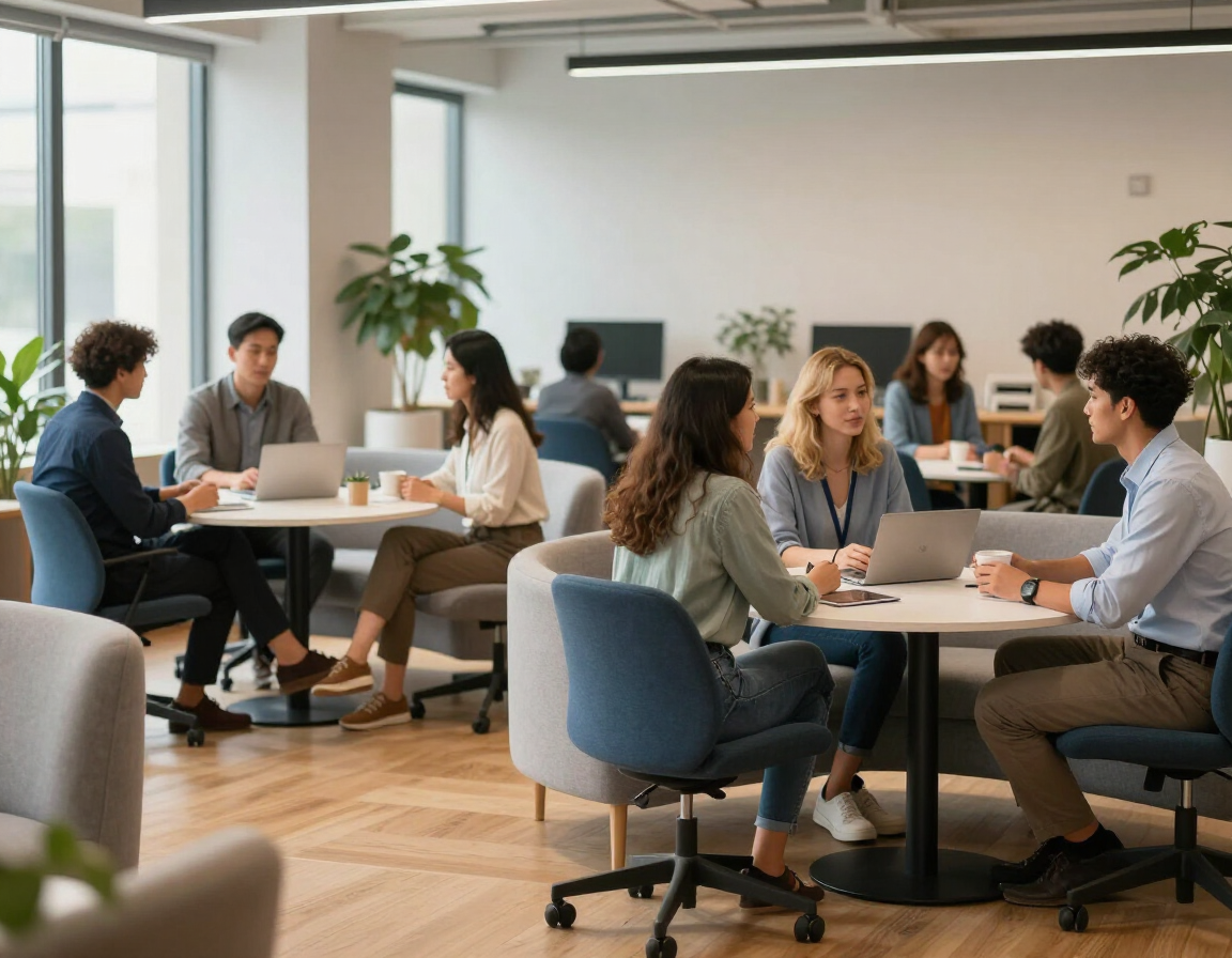Mid-size office common area with employees gathered informally