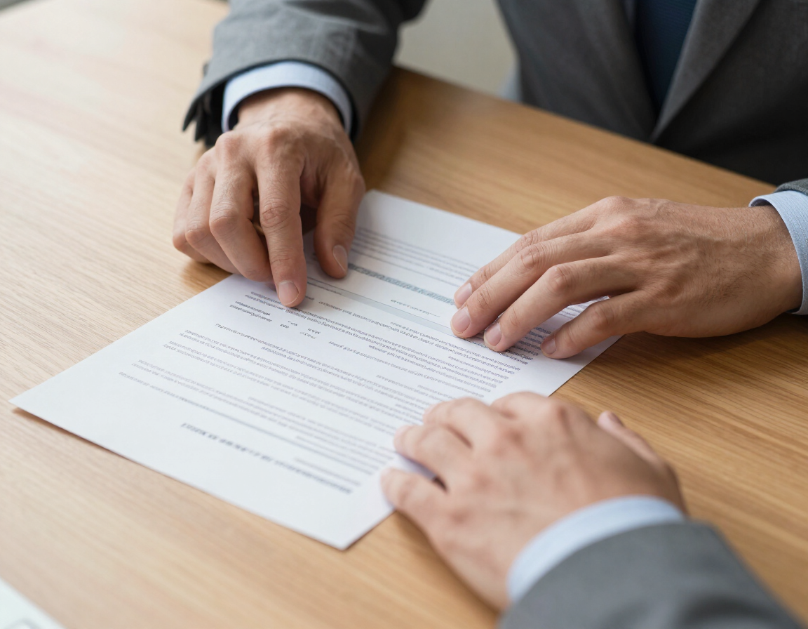 Close-up of hands reviewing a printed document at a desk