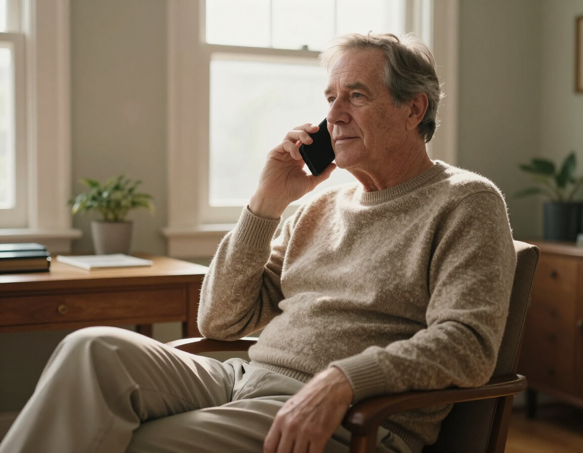 Harry speaking on the phone with a client, warm daylight through a window