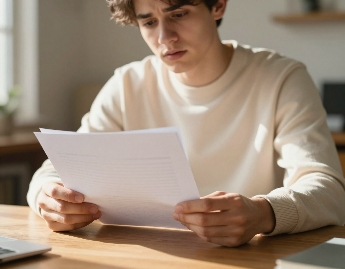 Young adult reviewing insurance papers at a desk
