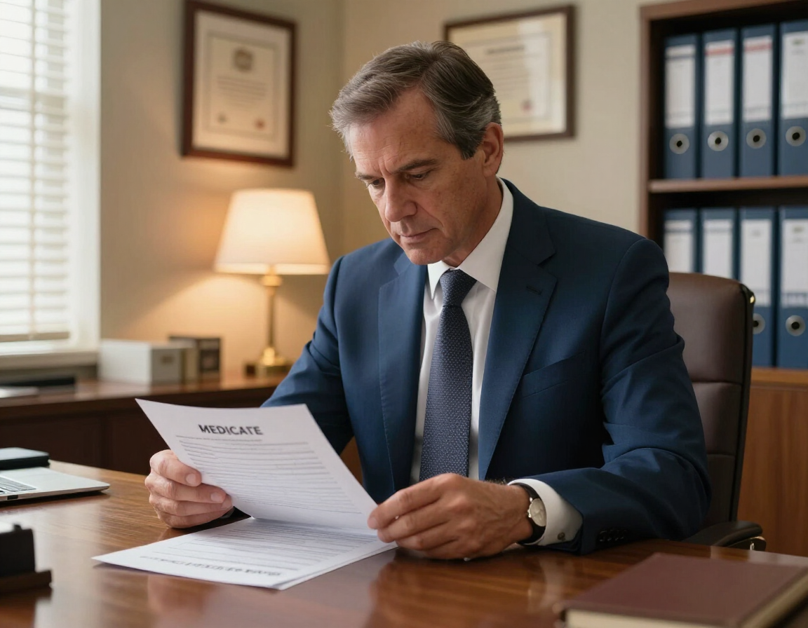 Harry reviewing Medicare documents at his desk