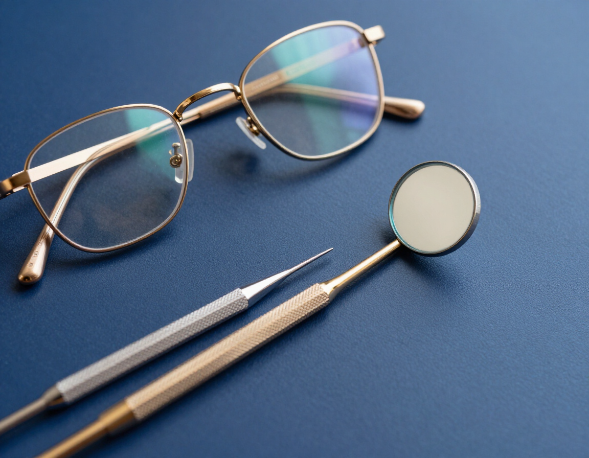 Eyeglasses and dental mirror on navy surface