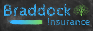 Braddock Insurance logo on a chalkboard-style background with blue text and green accents