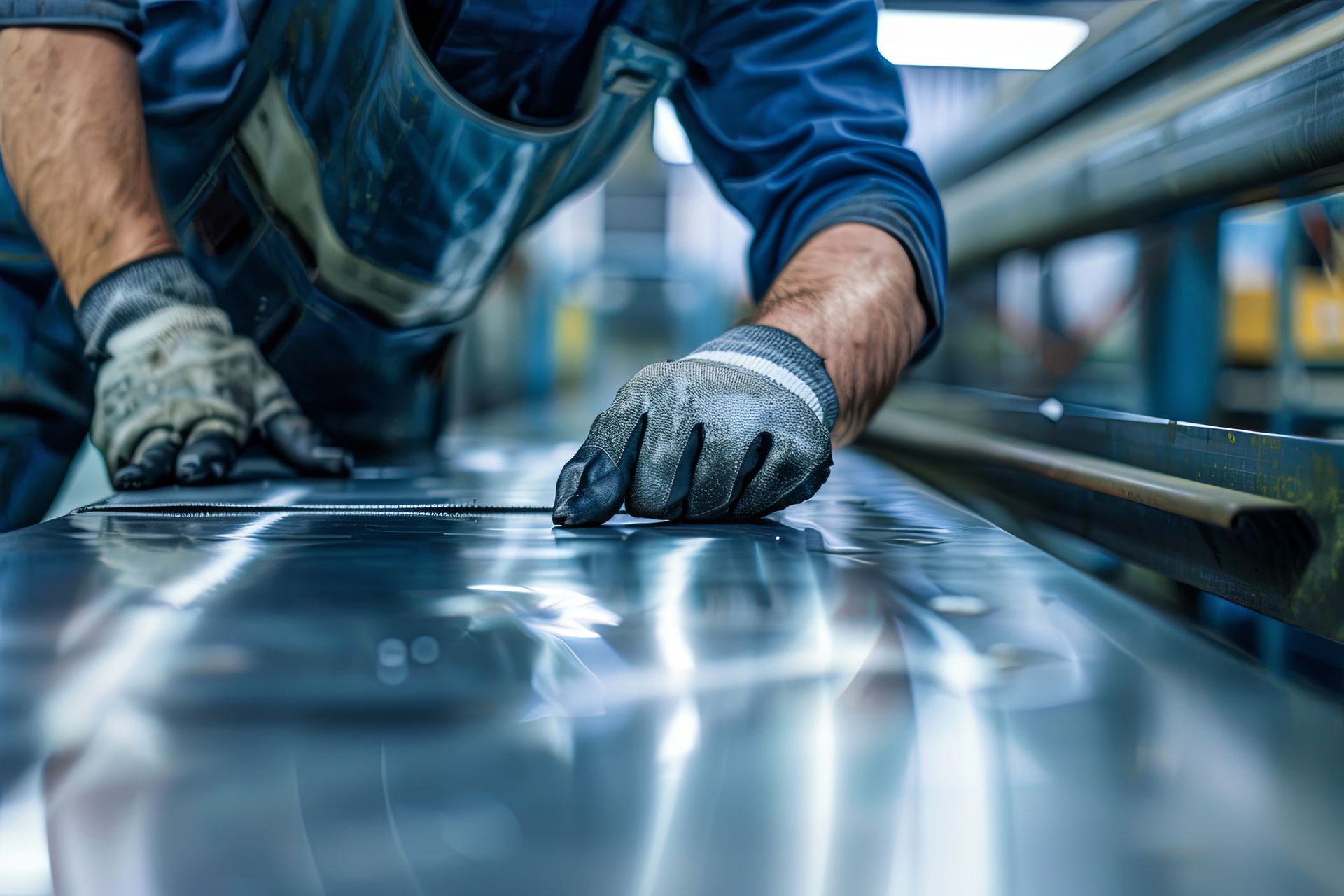 A man is working on a piece of metal in a factory.