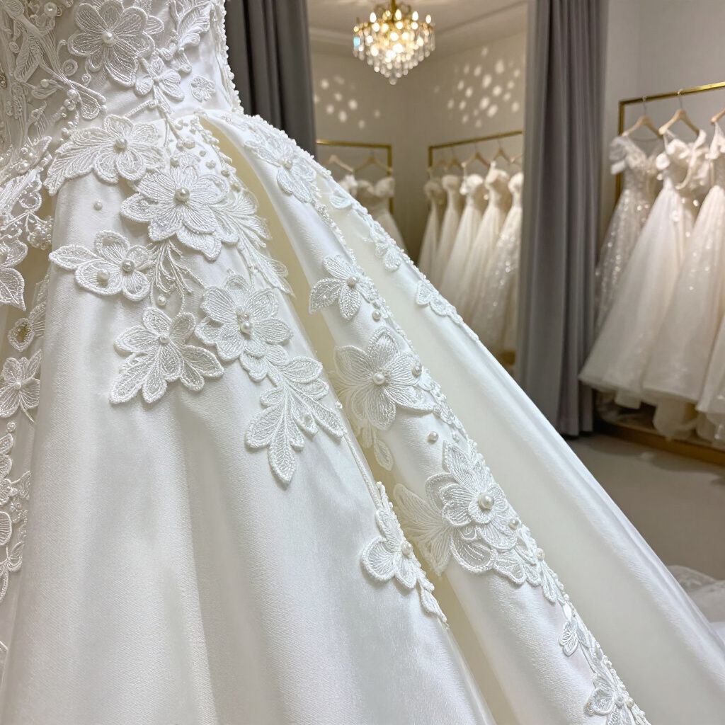 Primo piano di un abito da sposa bianco, con elaborati dettagli in pizzo e perle, in un negozio di abiti da sposa.