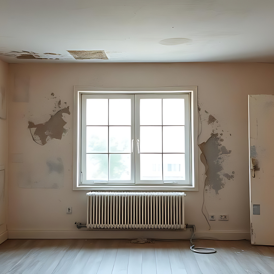 Room interior with peeling paint, window, radiator, and open door.