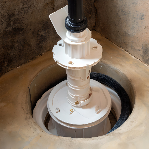 White sump pump installed in a concrete pit. A black pipe extends upward.