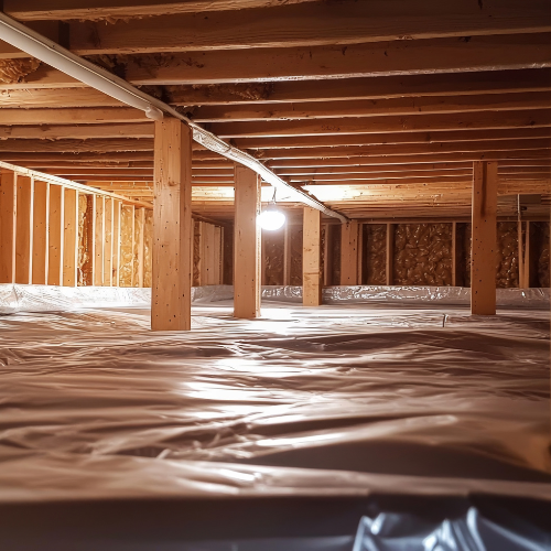 Wooden crawl space with support beams, insulation, and exposed joists.
