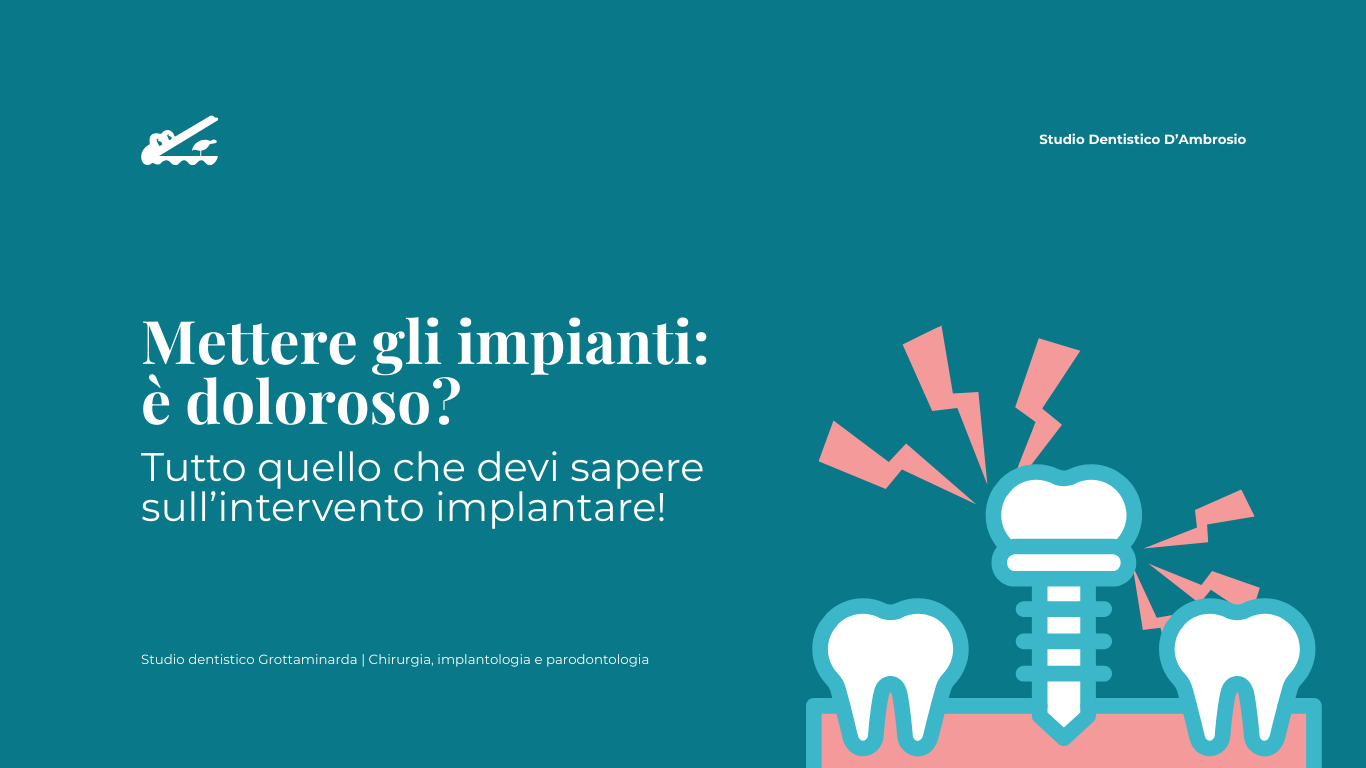 Poster dentale turchese con testo e un dente stilizzato, un impianto e segni di dolore.