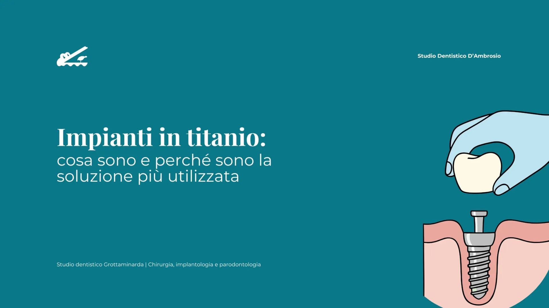 Infografica color verde acqua con testo in italiano sugli impianti, che mostra un'illustrazione di un impianto dentale sulla destra.