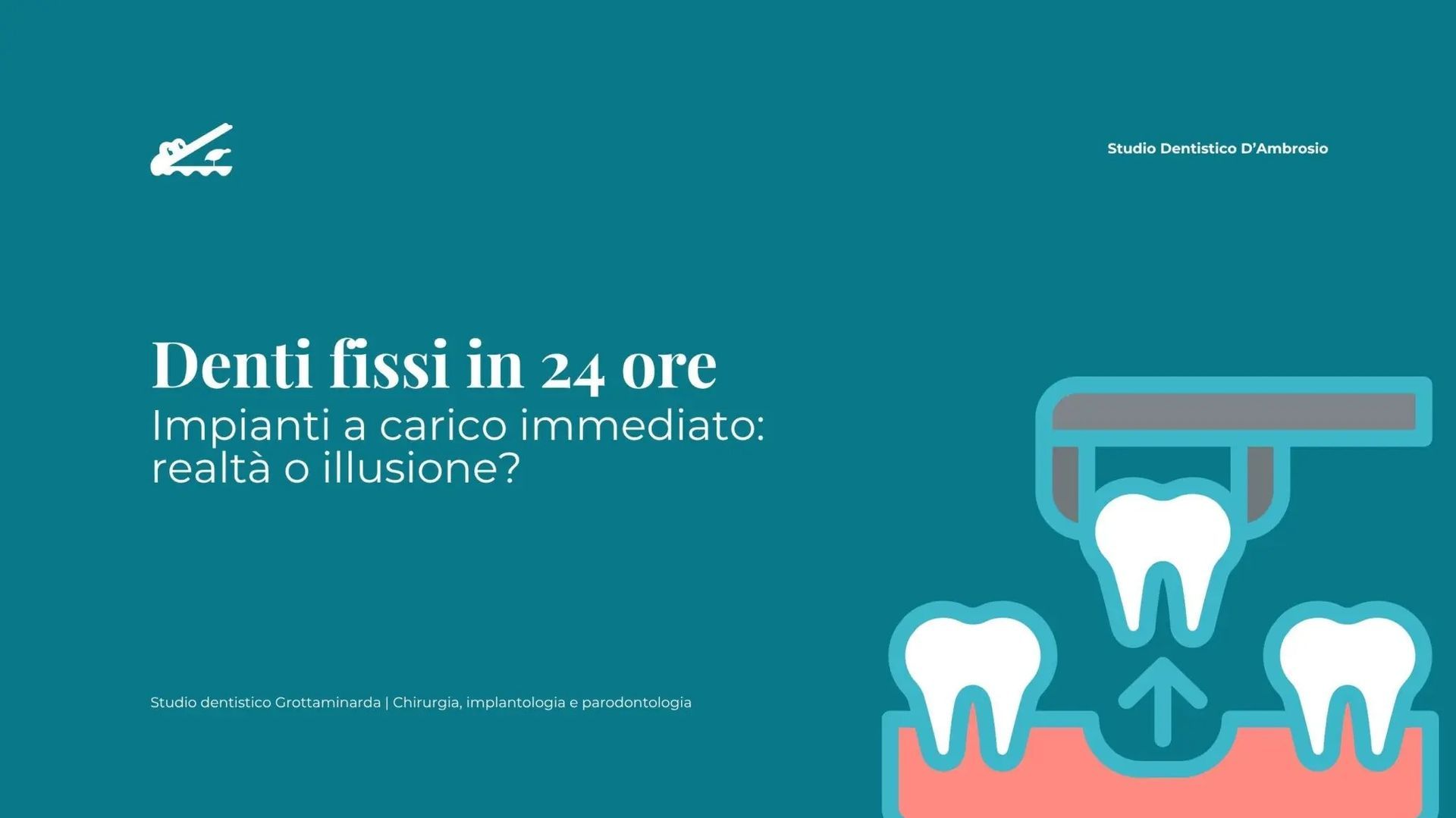 Immagine di avvertimento odontoiatrico: otturazioni in 24 ore, che mostrano denti, infiammazione gengivale e un dente con un impianto
