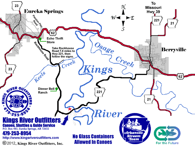 Map of Kings River Outfitters on Kings River near Eureka Springs and Berryville, Arkansas.
