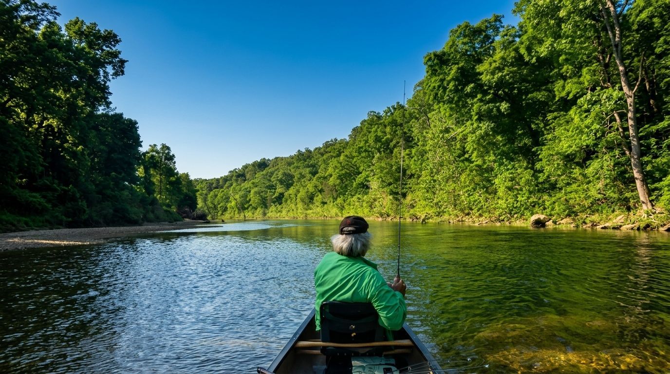 Person canoeing on a calm river surrounded by lush green forest under a clear blue sky
