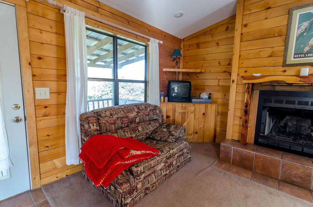 Cozy log cabin living room with floral sofa, red throw, TV, and stone fireplace