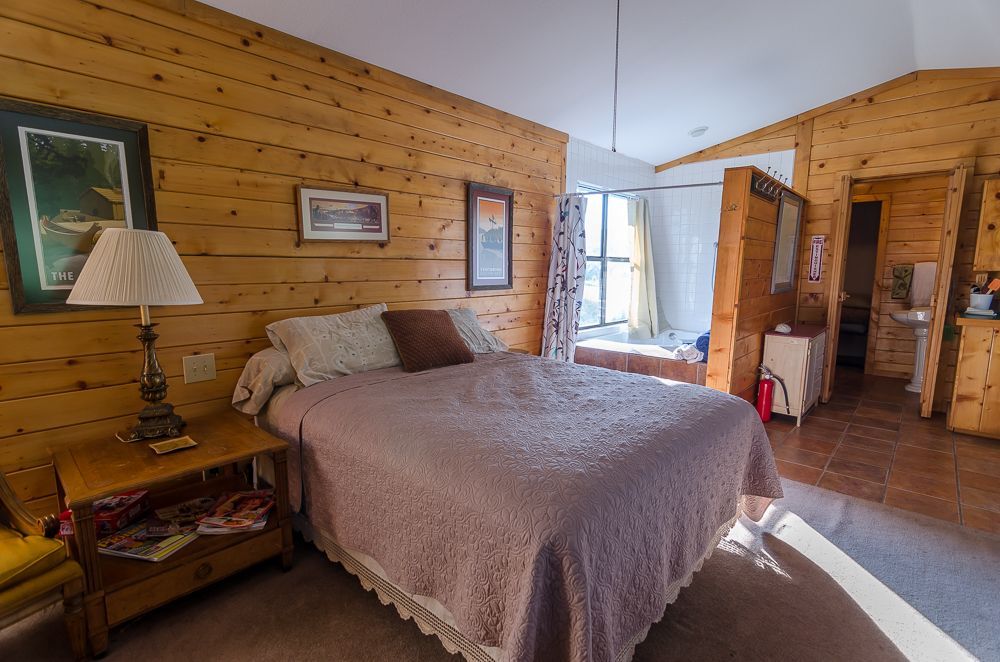 Cozy log cabin bedroom with a large bed, bedside lamp, and window light