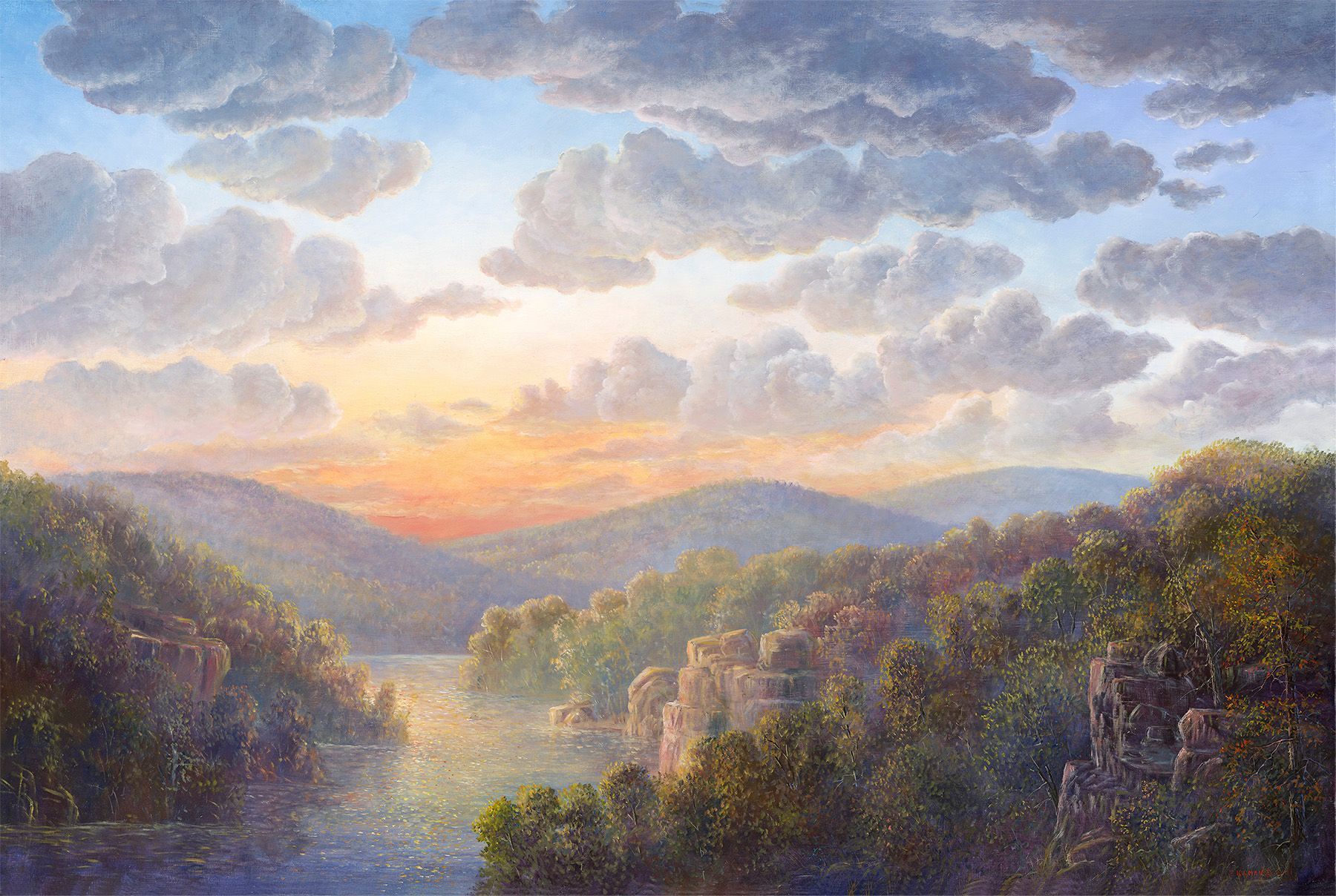 Sunlit mountain valley with a winding river, mist, and dramatic clouds at sunrise