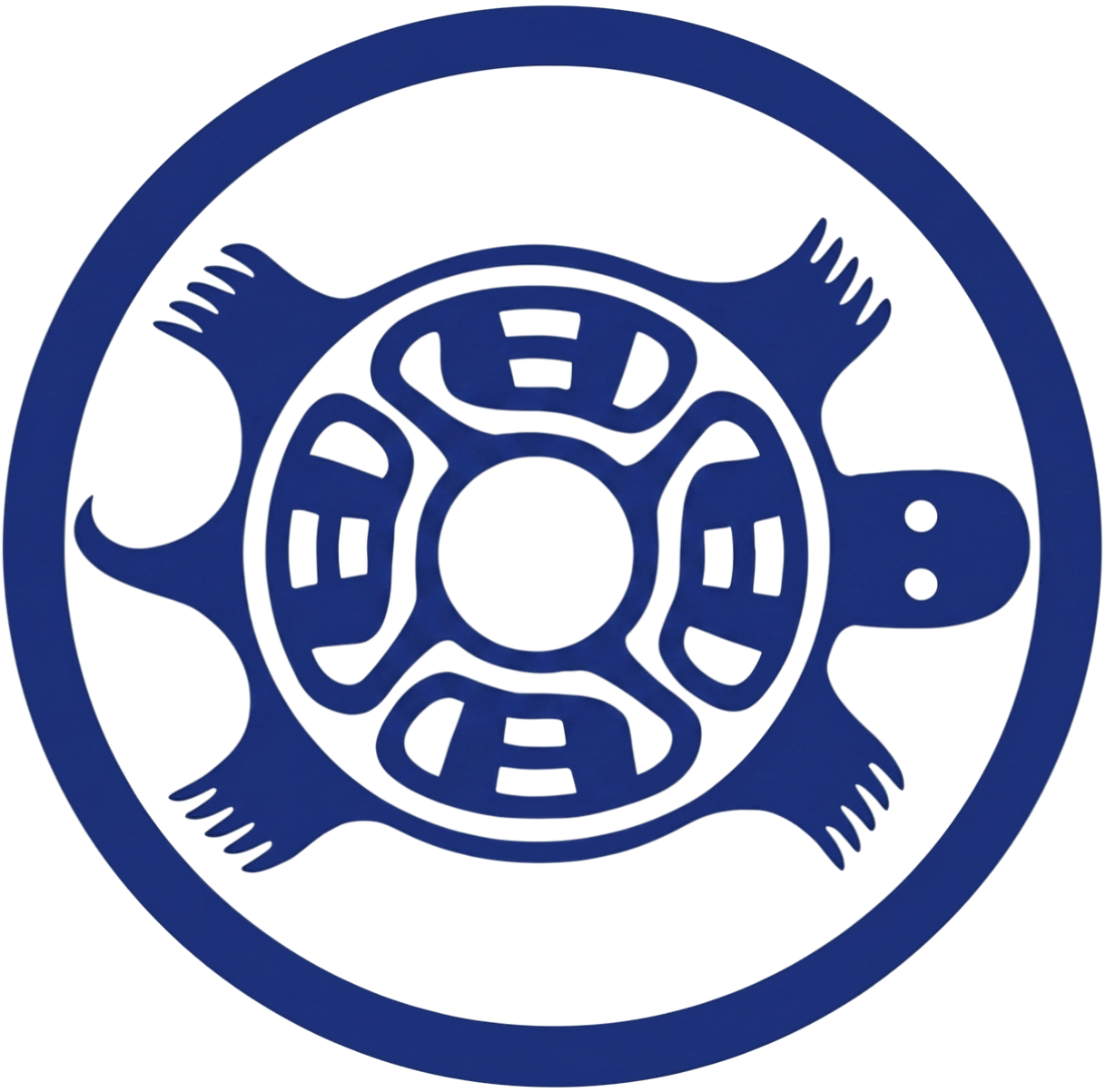 Blue circular emblem with a stylized turtle design in the center