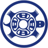 Blue circular emblem with a stylized turtle design in the center
