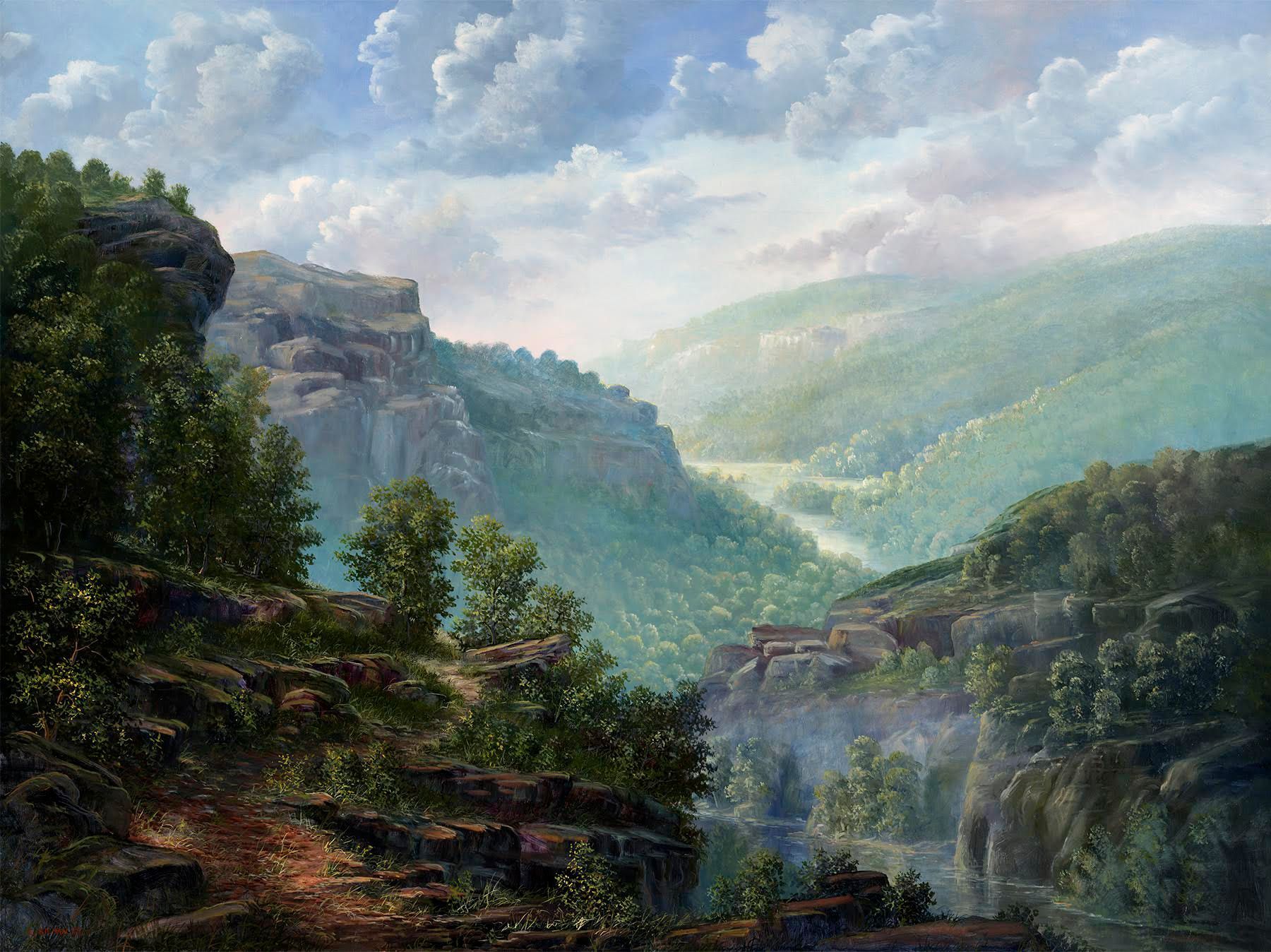 Misty mountain valley with cliffs, lush green forests, and a waterfall under a cloudy sky