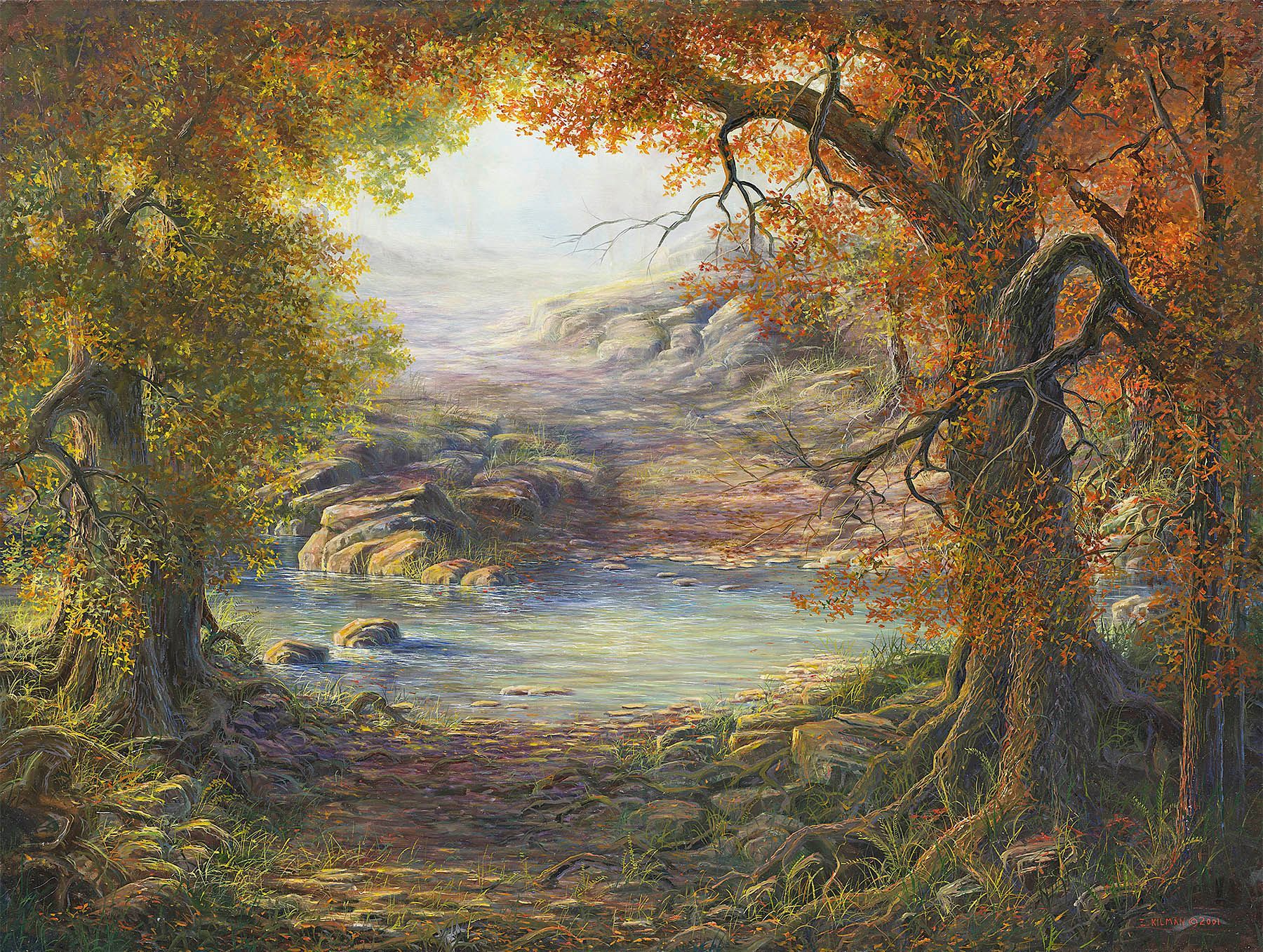 Autumn woodland opening onto a sunlit river valley with warm orange foliage and rocky hills