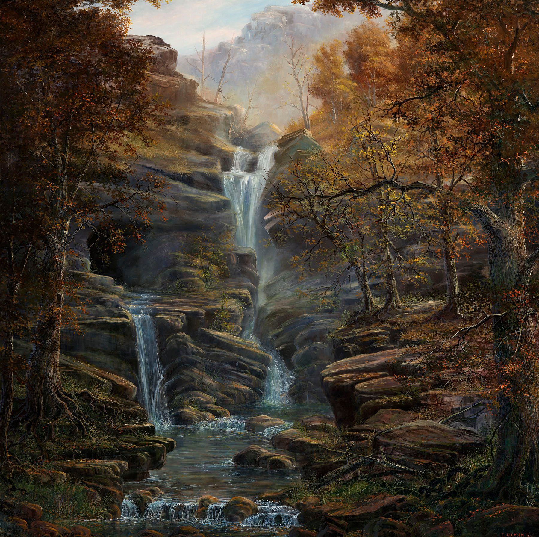 A misty waterfall cascades through a rocky autumn forest with orange-brown leaves and a stream below