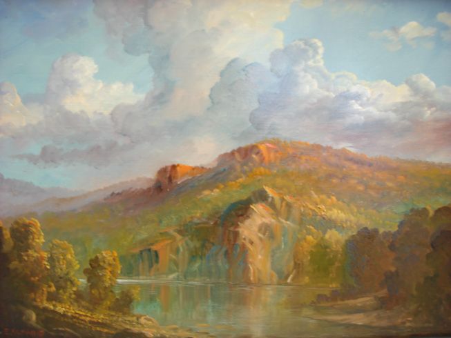 Pastel landscape of sunlit mountains, trees, and a calm lake under a cloudy sky