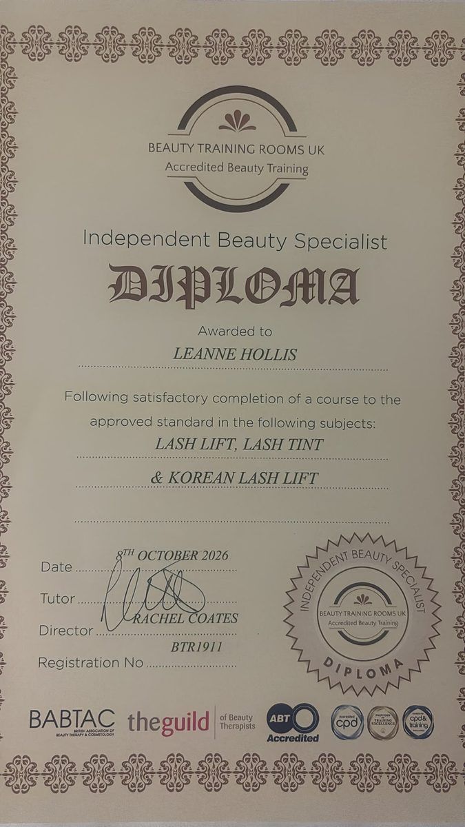 Leanne Hollis's Independent Beauty Specialist Diploma in Lash Lift, Lash Tint and Korean Lash Lift from Beauty Training Rooms UK