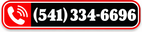Red phone icon with white phone symbol and the number (541) 334-6696 in bold white text on black. Red phone icon with white phone symbol and the number (541) 334-6696 in bold white text on black.