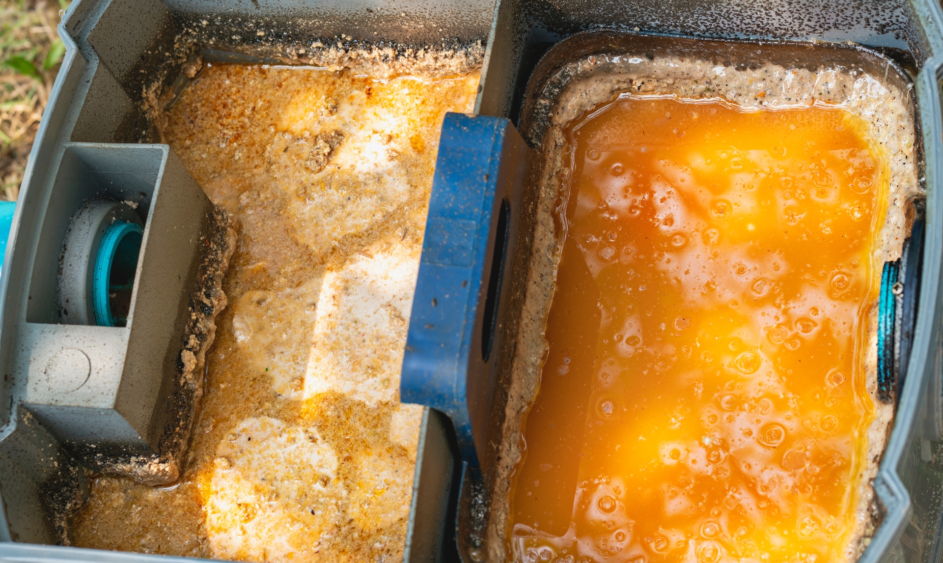 Top view of two dirty sink basins with orange and white residue buildup.