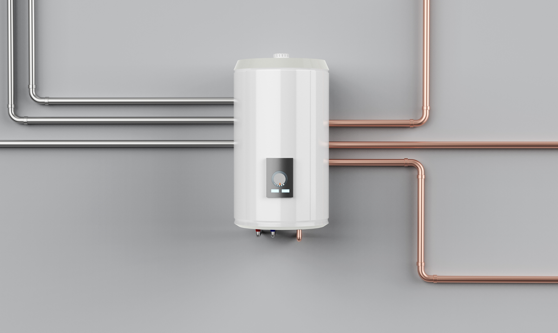 White wall-mounted water heater with silver and copper pipes on a gray wall White wall-mounted water heater with silver and copper pipes on a gray wall
